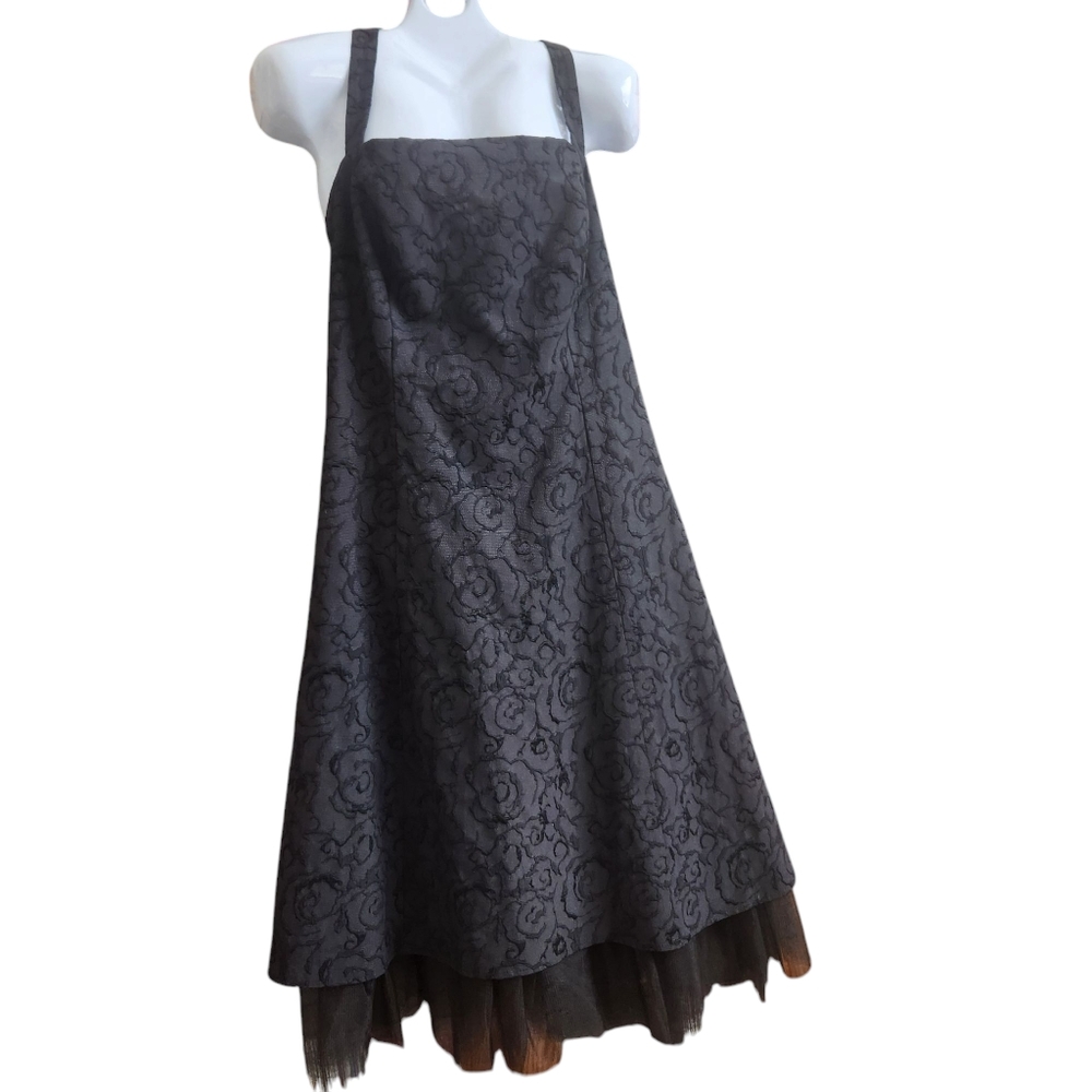 Romantic Goth Midi Dress Emb. Swirl Tulle Tiered Hem Metallic Sparkle Prom 18W